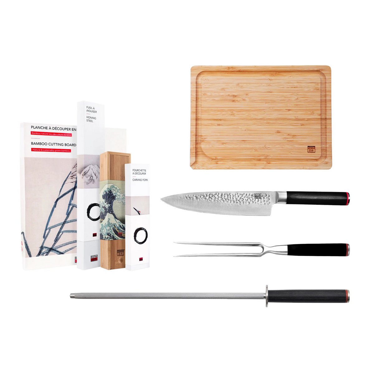 Messen- en Keukenaccessoireset - The BBQ Set Deluxe: Gyuto (koksmes) + vleesvork + aanzetstaal + bamboe snijplank