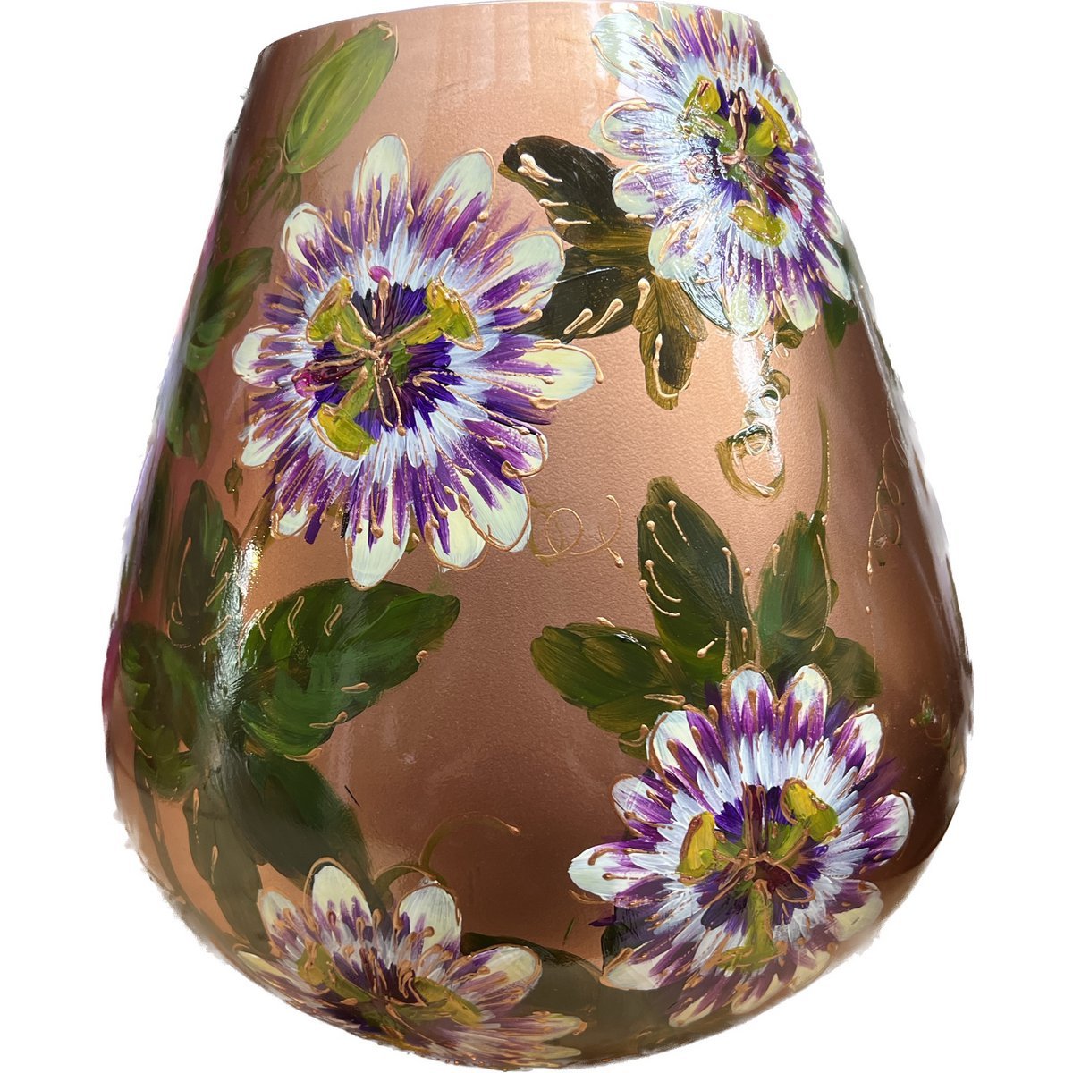 Handbeschilderde vaas - Tasman M passiflora bronze