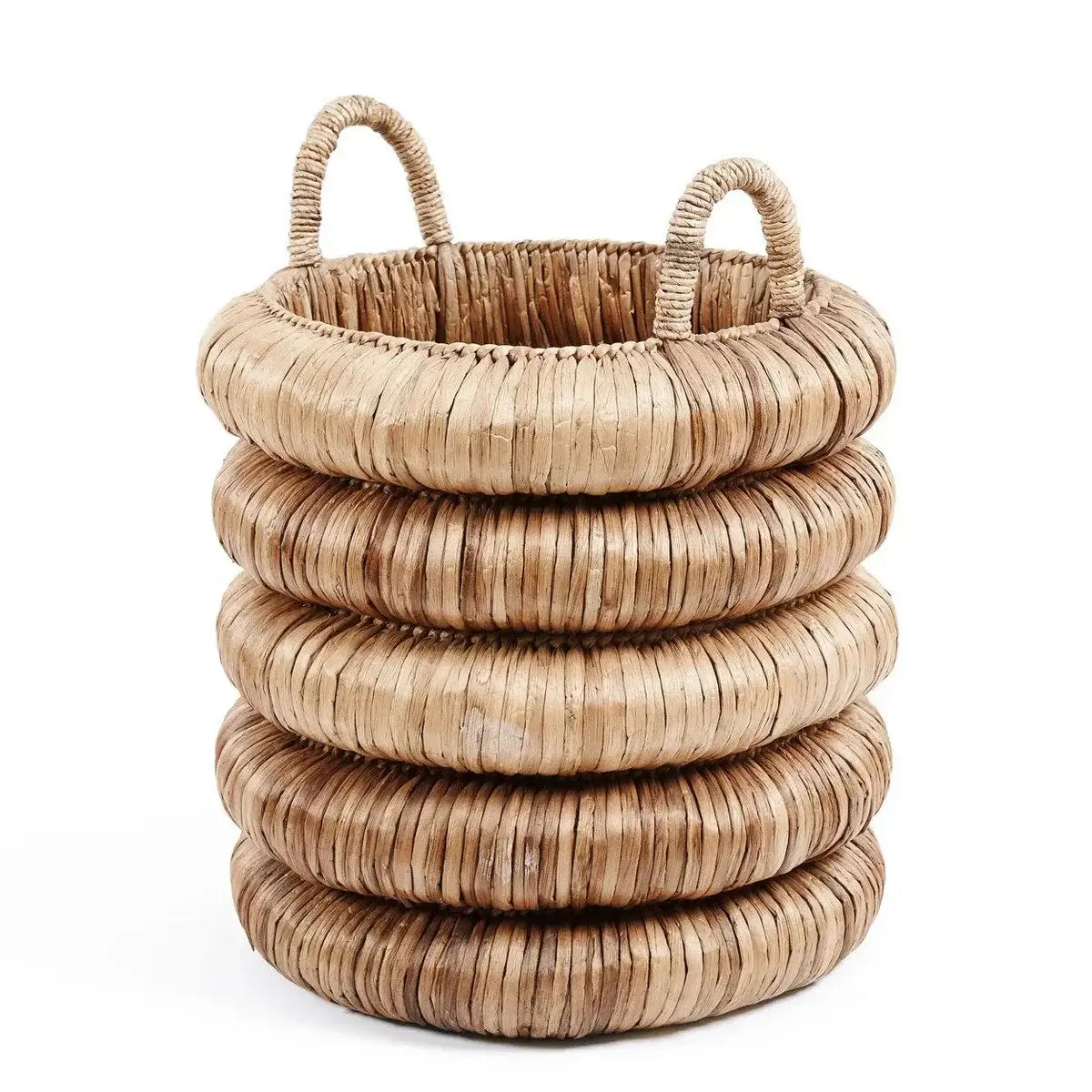 Rustic Chunky Mand made of water hyacinth with handles, ideal for home decor or plant storage.