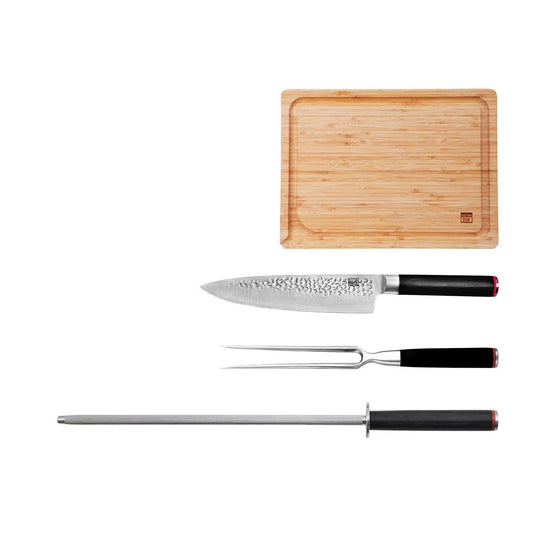 Messen- en Keukenaccessoireset - The BBQ Set Deluxe: Gyuto (koksmes) + vleesvork + aanzetstaal + bamboe snijplank