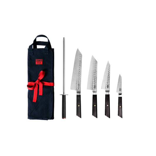 Messen- en keukenaccessoireset - Bunka Complete Set Deluxe (C): 4 messen (Bunka officemes + Bunka Petty + Bunka Santoku + Kiritsuke) + 2 accessoires (100% katoenen oprolmessenzak + aanzetstaal)
