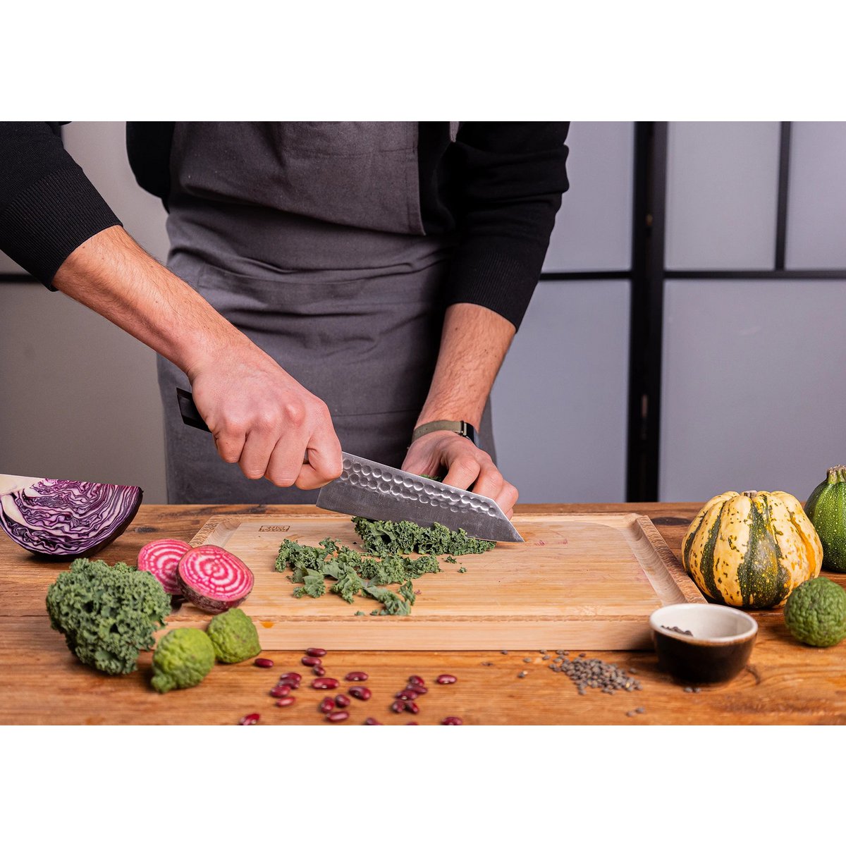 Mes - Bunka Santoku met bamboe Saya en bamboedoos - 170 mm lemmet