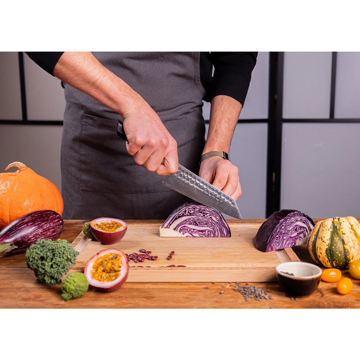 Mes - Bunka Santoku met bamboe Saya en bamboedoos - 170 mm lemmet