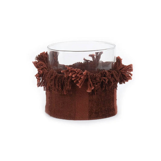 De Oh My Gee Kaarshouder - Bordeaux Fluweel - XL, a decorative candle holder wrapped in a luxurious velvet cover with tassels.