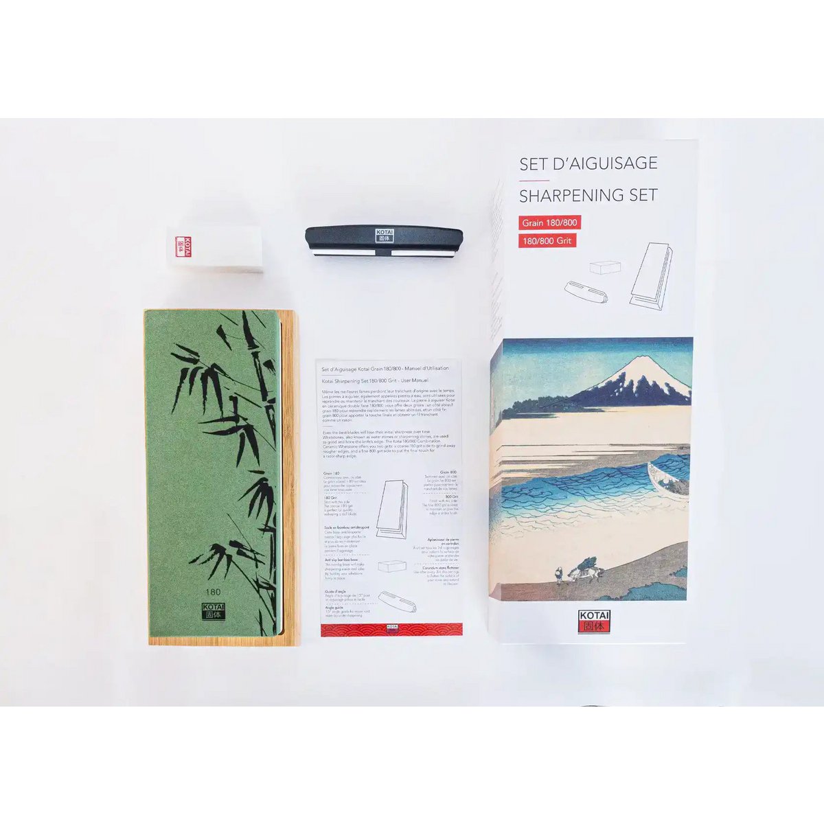 Keuken Accessoires - KOTAI slijpset met dubbelzijdige 400/1000 grit wetsteen, anti-slip bamboe voet, slijpsteen en 15 graden hoekgeleider