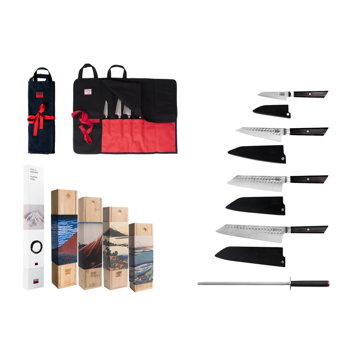 Messen- en keukenaccessoireset - Bunka Complete Set Deluxe (C): 4 messen (Bunka officemes + Bunka Petty + Bunka Santoku + Kiritsuke) + 2 accessoires (100% katoenen oprolmessenzak + aanzetstaal)